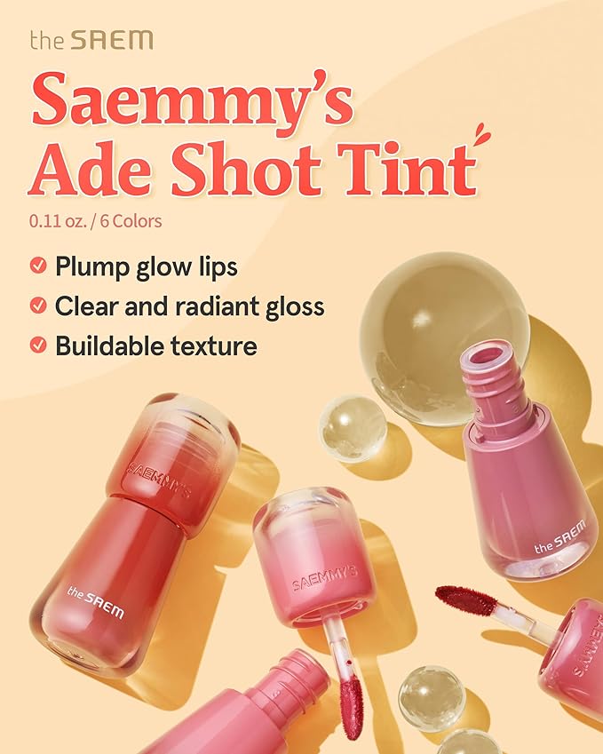 THESAEM Saemmy's Ade Shot Tint (01, 06) - Korean Lip Titnt, Water Gel Lip Stain with Plump Glowy Moisturizing Finish, Buildable Radiant Gloss, Long-Lasting Comfort, 0.1 fl.oz.