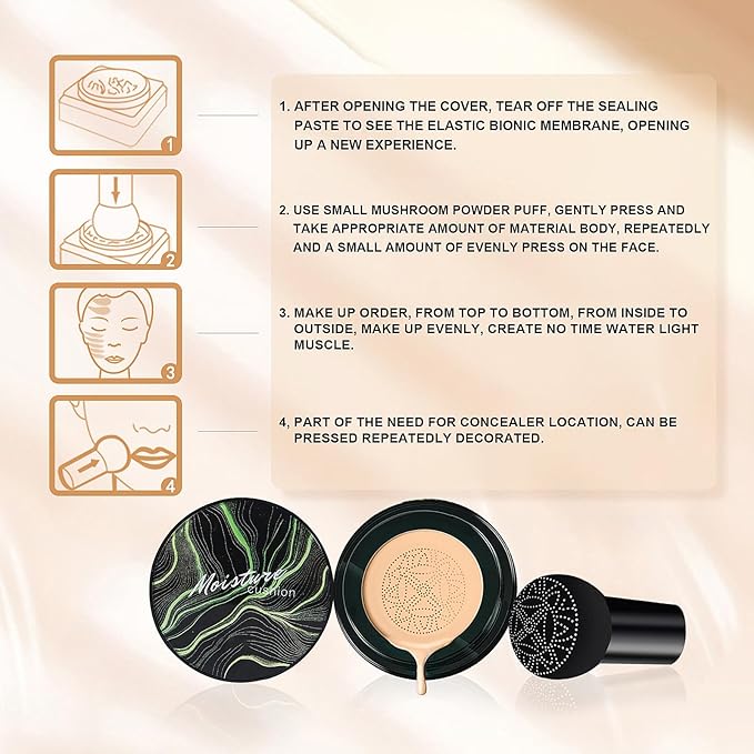 Mushroom Head Air Cushion CC Cream - Oil Control & Moisturizing Concealer Makeup Base, Brighten Long - Lasting Even Color Correcting Concealer Full Coverage for All Skin Types (Medium Deep)