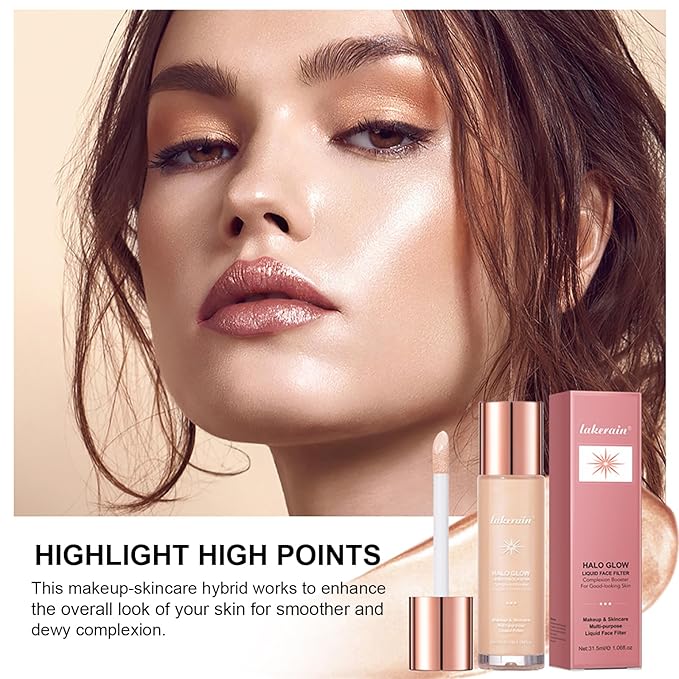 Natural Glow Liquid Filter Makeup, Longwear Face Luminizer, Complexion Booster For Any Part of the Body, Liquid Highlighter with Brush Kit, Infused Hyaluronic Acid, 1.06 fl oz (#08 RICH)