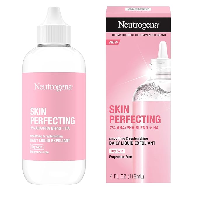 Neutrogena Skin Perfecting Daily Liquid Facial Exfoliant with 7% AHA/PHA Blend + HA to Smooth, Exfoliate & Replenish Dry Skin, Leave-On Face Exfoliator, Oil- & Fragrance-Free, 4 fl. oz