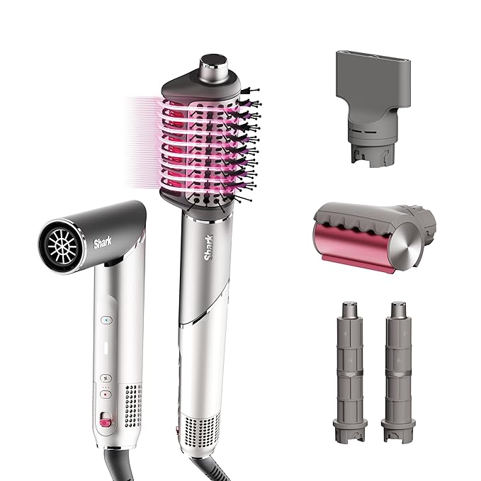 Shark FlexFusion Hair Dryer with Fusion Hair Brush, Ceramic Air Styler with Auto-Wrap Hair Curlers & Concentrator, Ceramic Plates, Metallic Mist HD641