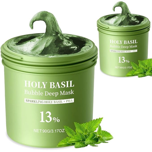 Holy Basil Bubble Deep Mask – Holy Basil & Carbonated Water for Cleansing Pores & Blackheads, Korean Clay to Bubble Wash-Off Pack (90g / 3.17 oz) (2packs)