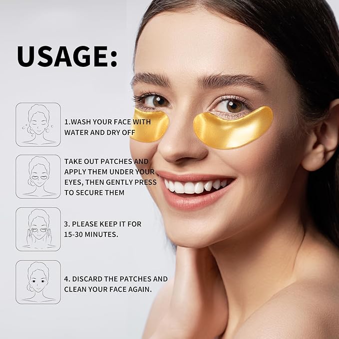 ROUSE Under Eye Patches (20 Pairs), 24K Gold Collagen Anti-Wrinkle Eye Mask Golden Anti-Aging Smooth Eye Pads for Dark Circles Puffy Eyes Moisturizing Nourishing