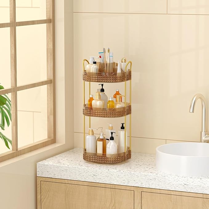 Rotating Makeup Organizer for Vanity 3 Tier, Perfume Organizer with Makeup Brush Holder, Large Capacity Cosmetics Clear Skincare Organizer for Countertop (Pink)