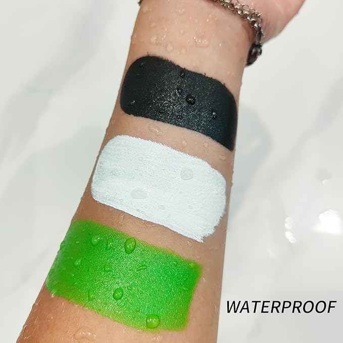 MEICOLY 7Pcs Black White Green Face Body Paint Stick Set with Setting Powder and Sponges,Clown Black White Face Paint,Green Body Paint for Halloween SFX Cosplay Makeup,Waterproof
