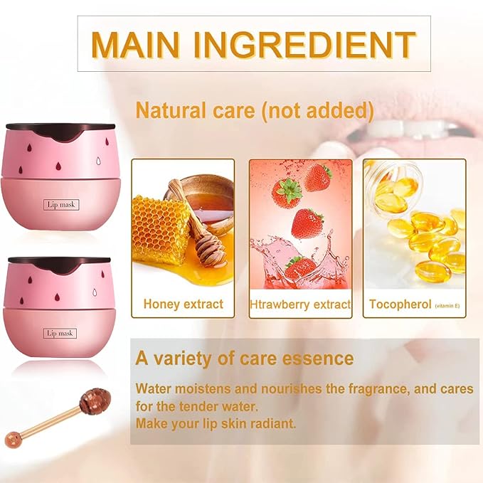 2 Pack Strawberry Lip Sleeping Mask,Plumping Lip Hydrating Bee Lip Balm Honey Pot Propolis Moisturizing Lip Balm With Stick，Lip Exfoliating Bee lip Balm Sleeping Lip Mask