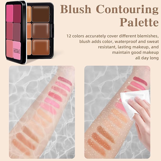 Cream Blush & Concealer Palette, 12 Colors, Long