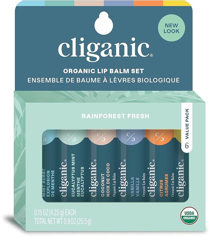 Cliganic Organic Lip Balm Set (2 Packs of 6 Tubes), 100% Natural Moisturizer for Cracked & Dry Lips