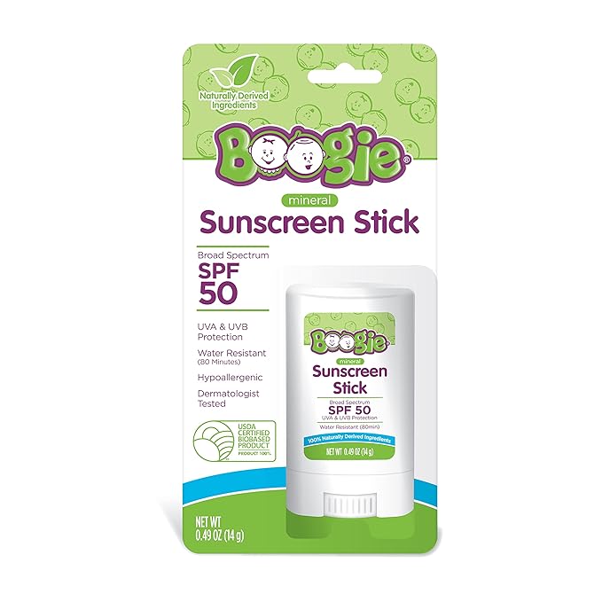 Baby Sunscreen Stick by Boogie, Mineral Sunscreen SPF 50, Travel Size Sunblock for Kids, FSA/HSA Eligible, Zinc Oxide, Water Resistant, Vegan, Fragrance Free, Pack of 3