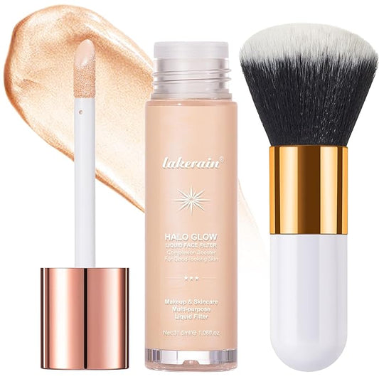 Natural Glow Liquid Filter Makeup, Longwear Face Luminizer, Complexion Booster For Any Part of the Body, Liquid Highlighter with Brush Kit, Infused Hyaluronic Acid, 1.06 fl oz (#02 FAIR/LIGHT)