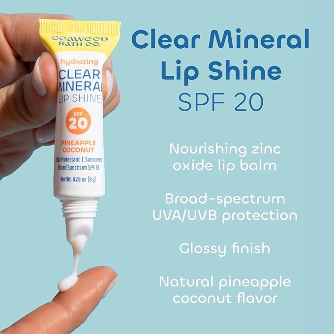 Seaweed Bath Co. Hydrating Clear Mineral Lip Shine SPF 20 Sunscreen Zinc Oxide Lip Balm, 0.28 Oz, Moisturizing Care for Dry, Chapped Lips
