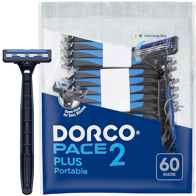 Dorco Pace 2 Plus Disposable Razor, 2 Blades, Pivoting Head, Open-Flow for Easy Rinsing, Lubricating Strip, Long Non-Slip Rubber Handle (60ct)