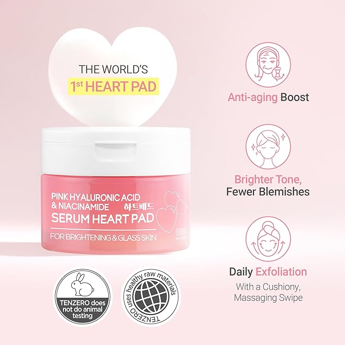 TENZERO Pink Hyaluronic Acid Niacinamide Serum Heart Pad (50 Count, 150g), Hydrating & Brightening Glowing Face Toner Pads, Korean Facial Radiance Pads, Dry Skin