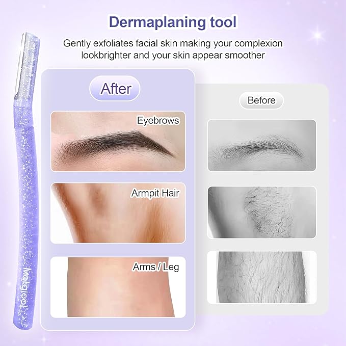 Women’s Dermaplane Razor for Face & Eyebrow - Anti-Cutting Japanese Blades for Eyebrow and Facial Hair Removal, Achieve Silky Skin and Perfect Brows (Purple, 6 Count)