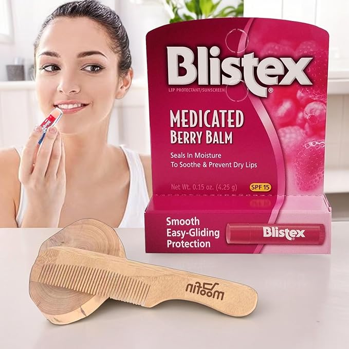 Blistex Medicated Lip Balm Medicated Lip Balm SPF15, 0.15 oz - Berry Flavor, Soothing Balm Stick Bundle with Moofin Wooden Comb - Sun Protection Medicated Lip Balm for Dry Cracked Lips, Chapped Lips