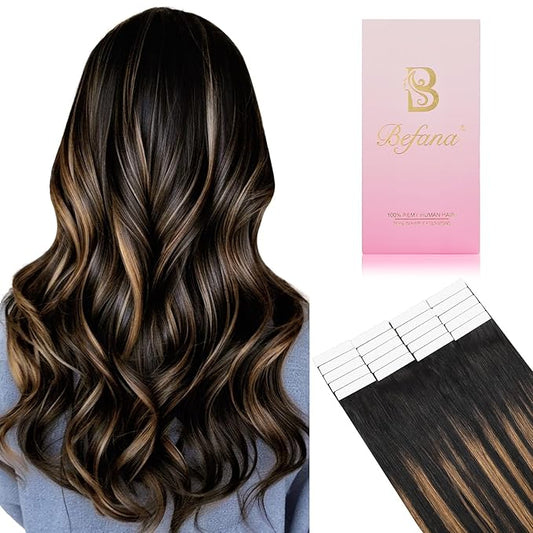 #1B/6/1B Tape in Hair Extensions Human Hair, 18inch 20Pcs Balayage Natural Black to Chestnut Brown Balayage Hair Extensions,Straight Silky 50g Remy Tape ins for Women Girls