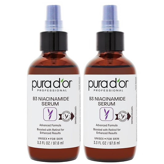 PURA D'OR B3 Niacinamide Advanced Facial Serum (3.3oz x2 = 6.6oz) Skin Care Formula with Retinol For Wrinkles, Hydration & Complexion - All Skin Types, Hypoallergenic - Women & Men