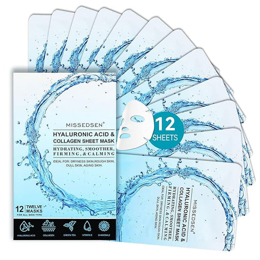 Collagen Face Mask with Hyaluronic Acid, Vitamin E Oil for Skin Care Hydrating, Moisturizing, Brightening & Anti Aging Face Masks Skincare for Oil, Dry, Acne, Sensitive All Skin Types 12PCS