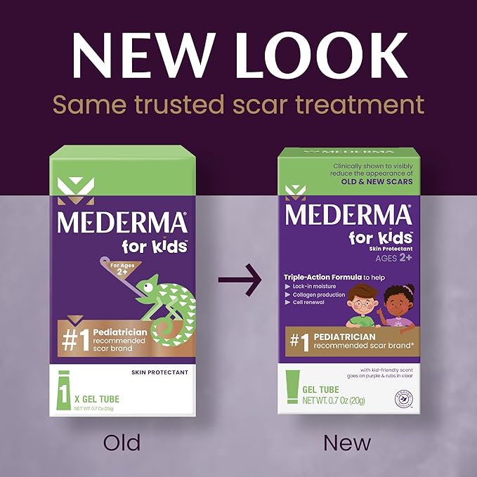 Mederma Scar Gel for Kids - Reduces Appearance of Old & New Scars from Cuts, Burns, Surgery, Insect Bites & Scrapes, Grape Scented, Goes on Purple & Rubs in Clear, Ages 2+, 0.70 Oz
