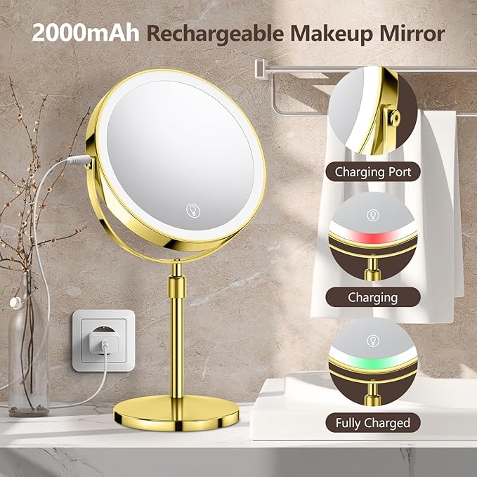 10X Large Lighted Makeup Mirror, Rechargeable 8" Height Adjustable Vanity Mirror, 1x/10x Magnifying Mirror with 3 Color, Brightness Adjustable, 360° Rotation Double Sided Mirror, Ideal Gift(Gold)