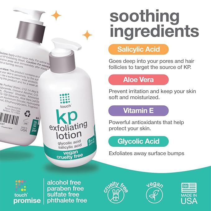 TOUCH Glycolic Acid Lotion for Keratosis Pilaris - KP Exfoliating Body Lotion Moisturizer - for AHA BHA Rough & Bumpy Skin- Gets Rid of Redness - 8 Fl Oz