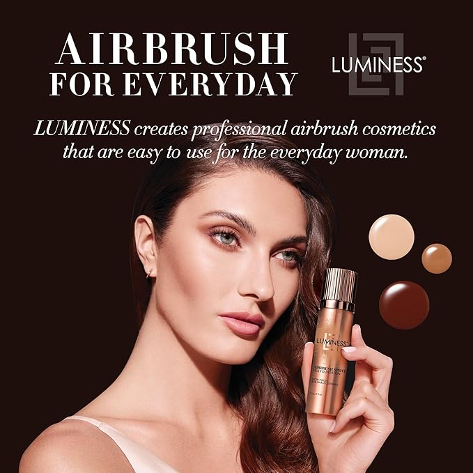 LUMINESS Silk Airbrush Spray Foundation & Buffing Brush Kit – Full Coverage Foundation & Dual-Sided Buffing Brush - Buildable Coverage, Anti-Aging Formula Hydrates & Moisturizes (Shade - Medium)