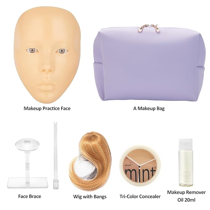 Makeup Practice Face, 2024 Upgrade 5D Makeup Mannequin Face Reusable Silicone Makeup Practice Face Board with Bracket, Come with Makeup remover & Concealer 3 Color & Makeup Bag Brown