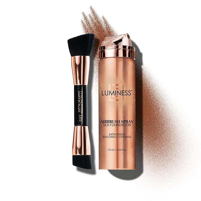LUMINESS Silk Airbrush Spray Foundation & Buffing Brush Kit – Full Coverage Foundation & Dual-Sided Buffing Brush - Buildable Coverage, Anti-Aging Formula Hydrates & Moisturizes (Shade - Light Rich)