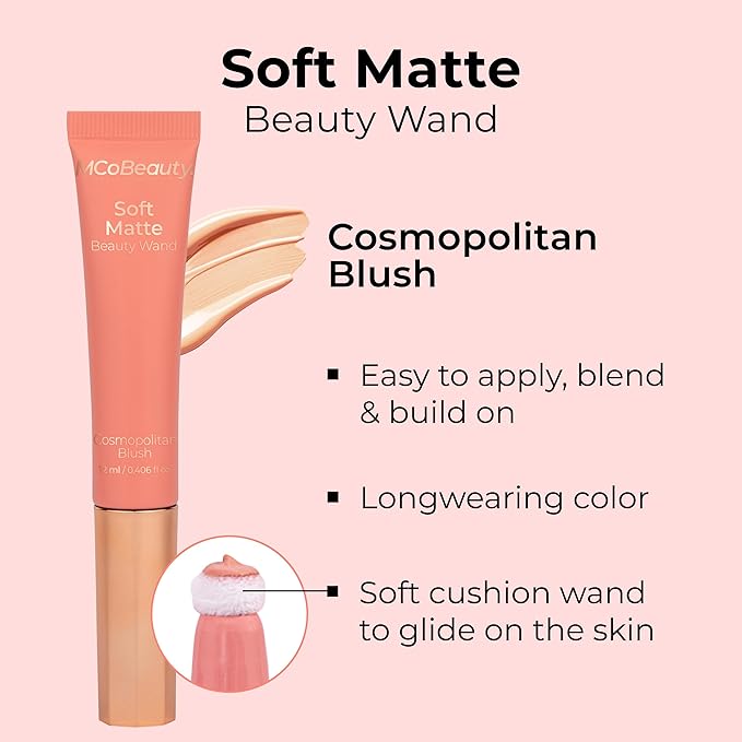 MCoBeauty Soft Matte Beauty Wand, Cosmopolitan Blush, Velvety Finish of Buildable Color, Vegan, Cruelty Free Cosmetics