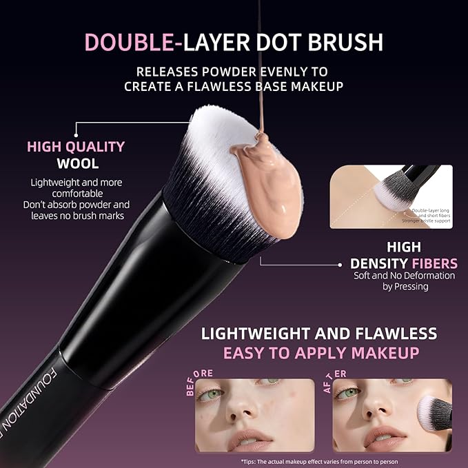 Makeup Brush Set, Flat Top Kabuki Brush Premium Foundation Brush for Liquid, Cream, and Powder with 2 Makeup Sponge for Foundation, Powder, Blush, and Concealer