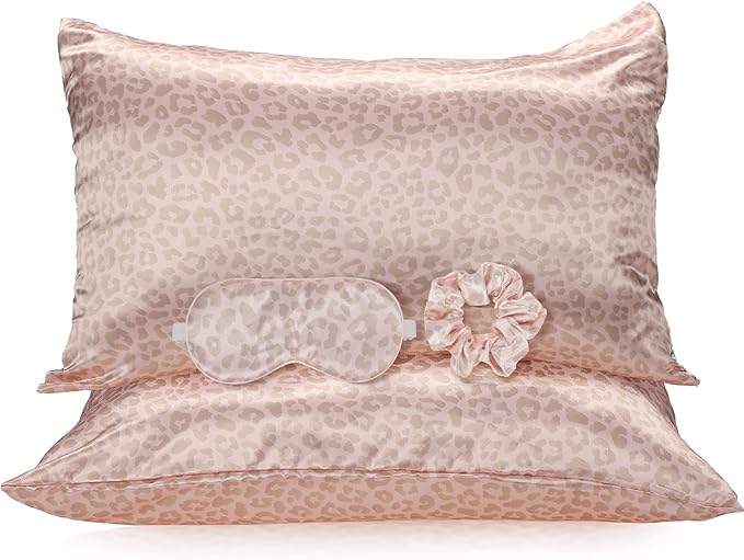 2 Pack Satin Pillowcase with Latent Zipper, Adjustable Satin Eye Mask for Sleeping and Satin Volume Scrunchie for Hair and Skin, Standard Size (Pink, Leopard Style)