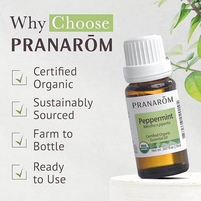 Pranarom USDA Certified Organic Peppermint Essential Oil (15ml), 100% Pure Undiluted Therapeutic Grade from India for Aromatherapy, Diffuser, Topical, Cooling, Massage & Relaxation