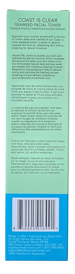 Eight Saints Coast is Clear Seaweed Anti Aging Face Toner, Natural and Organic Alcohol Free Witch Hazel Toner for Face, Minimizes Large Pores and Redness, 6 Ounces