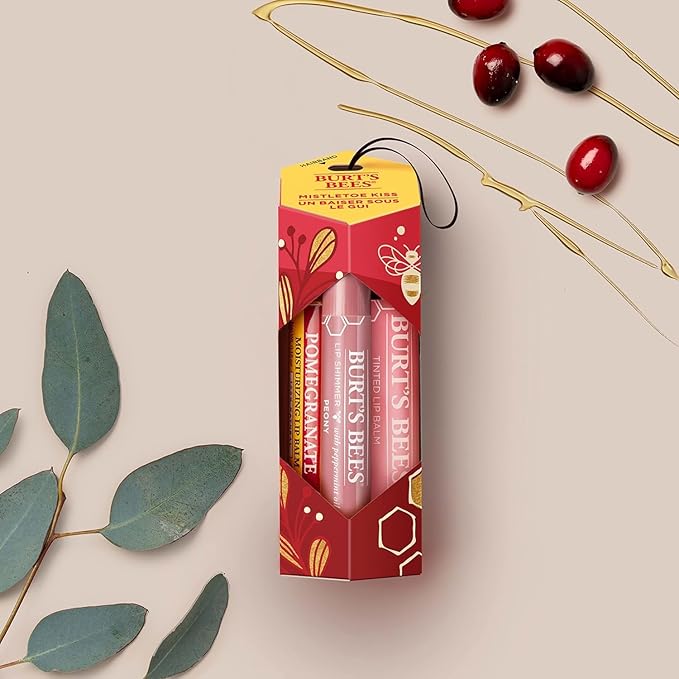 Burt's Bees Mistletoe Kiss Lip Care Stocking Stuffers Holiday Gift Set, Mistletoe Kiss Set, Pomegranate, Peony & Hibiscus