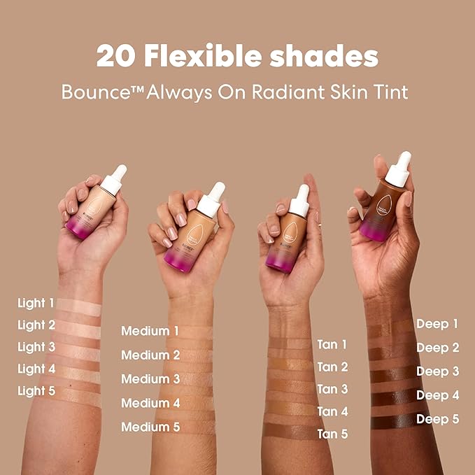 Beautyblender 12-Hour Always on Radiant Skin Tint, Breathable Serum Foundation Stays Put for All Day Long Wear, Infused with Hyaluronic Acid & Niacinamide, Deep 5