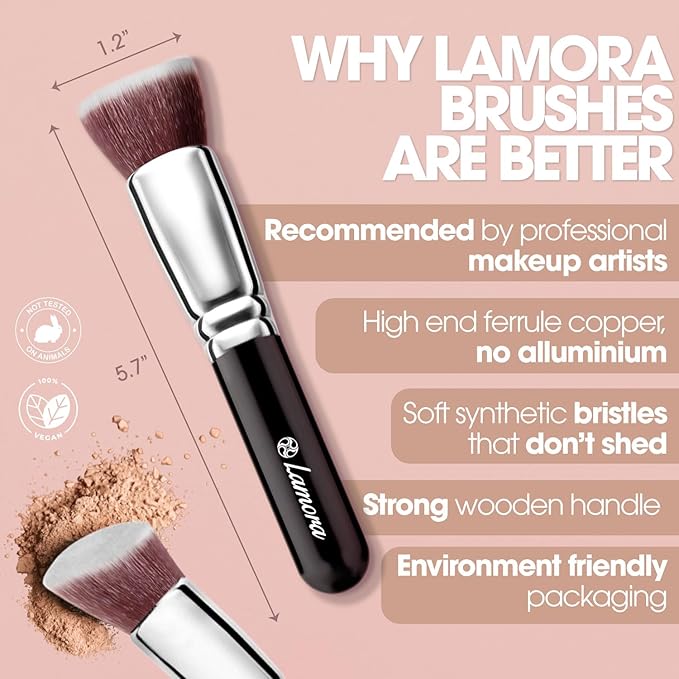 LAMORA Foundation Brush for Liquid Makeup - Kabuki Face Brush for Cream, Powder, Blush, and Concealer - Flat Top Blending, Buffing, Stippling Brush