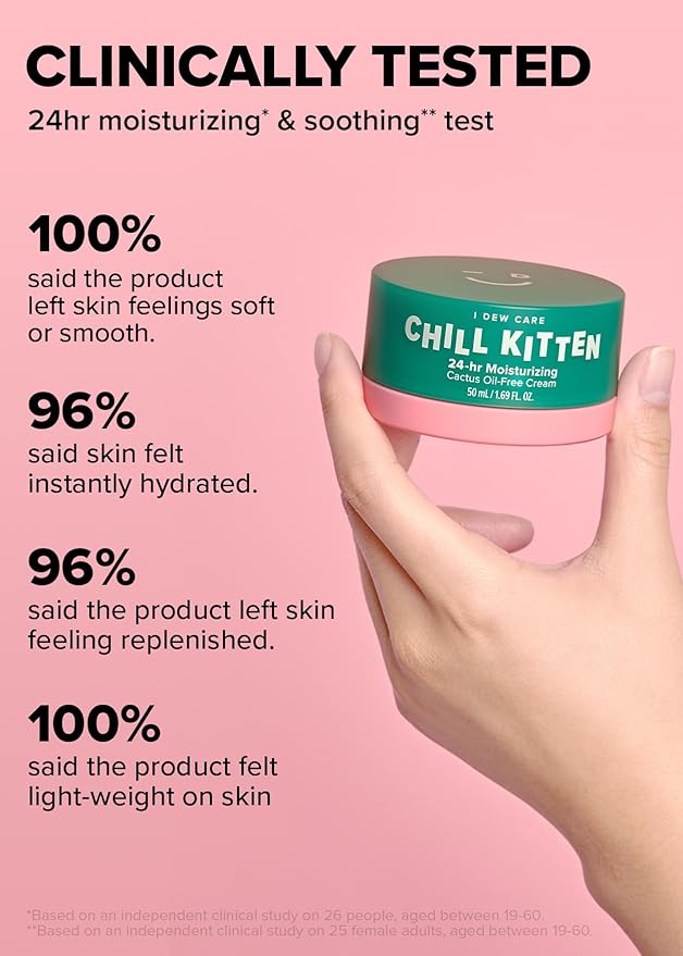 I DEW CARE Heartleaf Face Cream - Chill Kitten | Moisturizer with Moringa Seed, Prickly Pear, Aloe Vera Gel, Cactus Oil-Free, Glass Skin Look, Daily Use, Mother's Day, 1.69 FL Oz