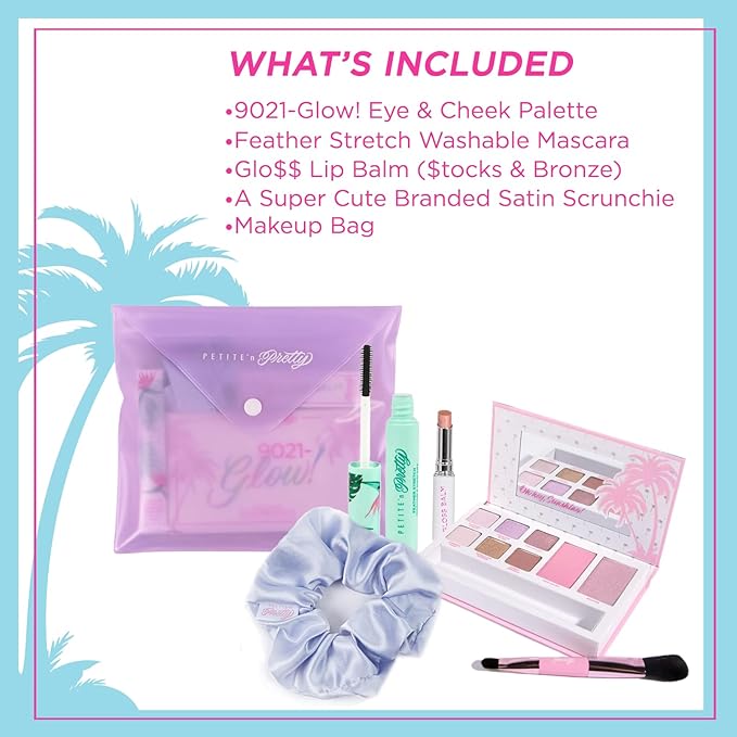 Petite ’N Pretty Dream in Color Makeup Set for Kids, Teens, Tweens - 3-in-1 Eye & Cheek Palette (Blush, Eyeshadow, Highlighter) with Brush, Lip Gloss Balm, Feather Stretch Mascara & Satin Scrunchie