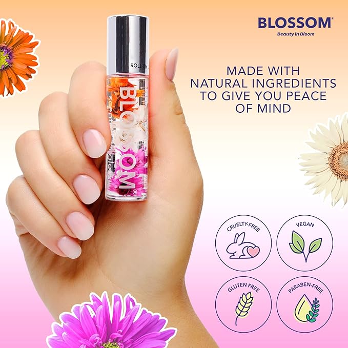 Blossom Roll on Lip Gloss, Scented Clear High Shine Moisturizing Lip Oil, Non Sticky, Infused with Real Flowers, Made in USA, 0.2oz, Juicy Peach
