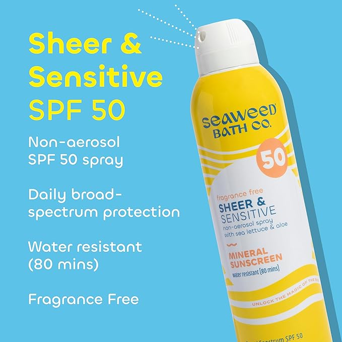 Seaweed Bath Co. Sheer Mineral Sensitive SPF 50 Broad Spectrum Sunscreen Spray, 6 Ounce, Fragrance Free, Sustainably Harvested Seaweed, Sea Lettuce, Aloe