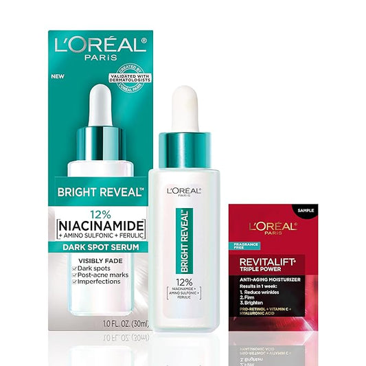 L’Oréal Paris Bright Reveal 12% [Niacinamide + Amino Sulfonic + Ferulic] Dark Spot Serum 1oz + Moisturizer Sample