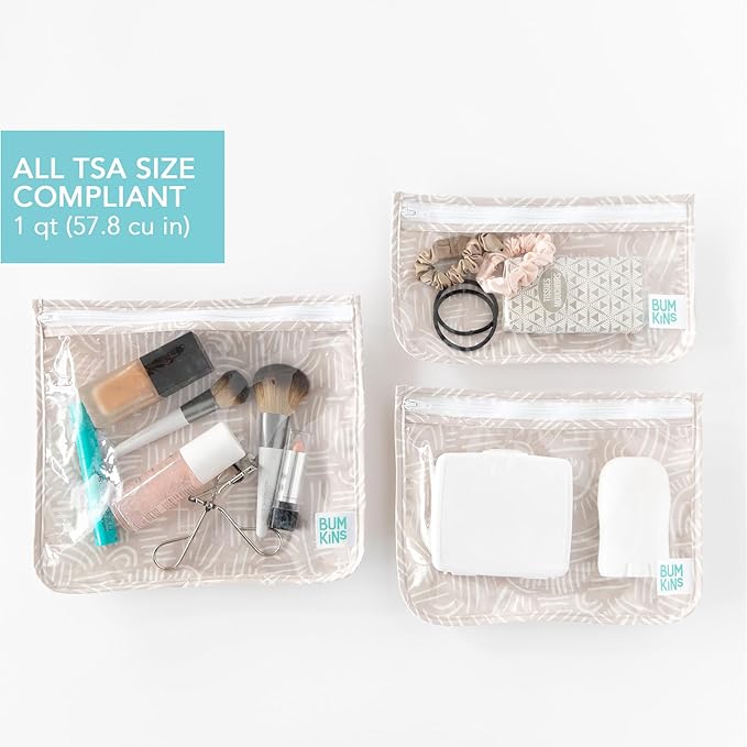 Bumkins Travel Bag, Toiletry, Baby, TSA Approved Pouch, Zip Bag, Quart Size Airline Compliant, Clear-Sided, Diaper Bag Organization, Makeup, Accessories, Set of 3 Sizes, Desert Boho