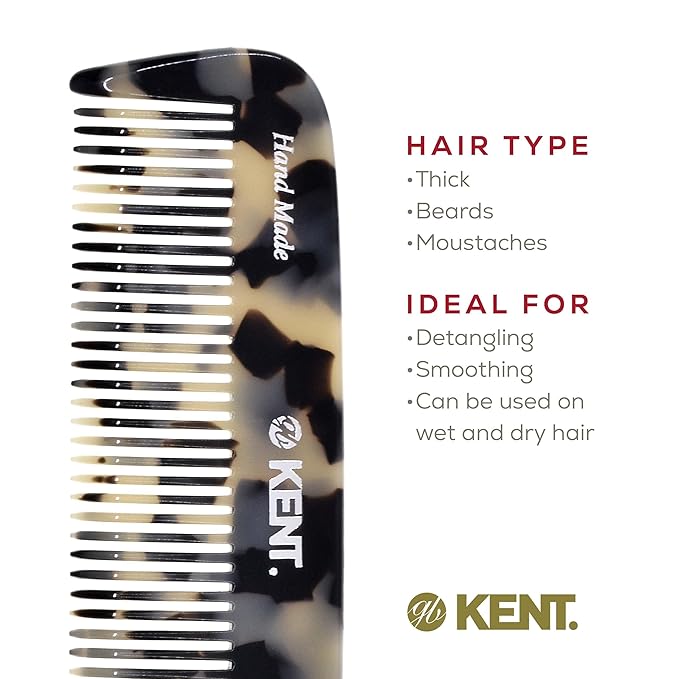 Kent 12T TW Wide Tooth Detangling Comb - Handmade Pocket Comb for Thick, Curly, and Wavy Hair Grooming - Large Tooth Detangler for Hair, Beard, and Mustache
