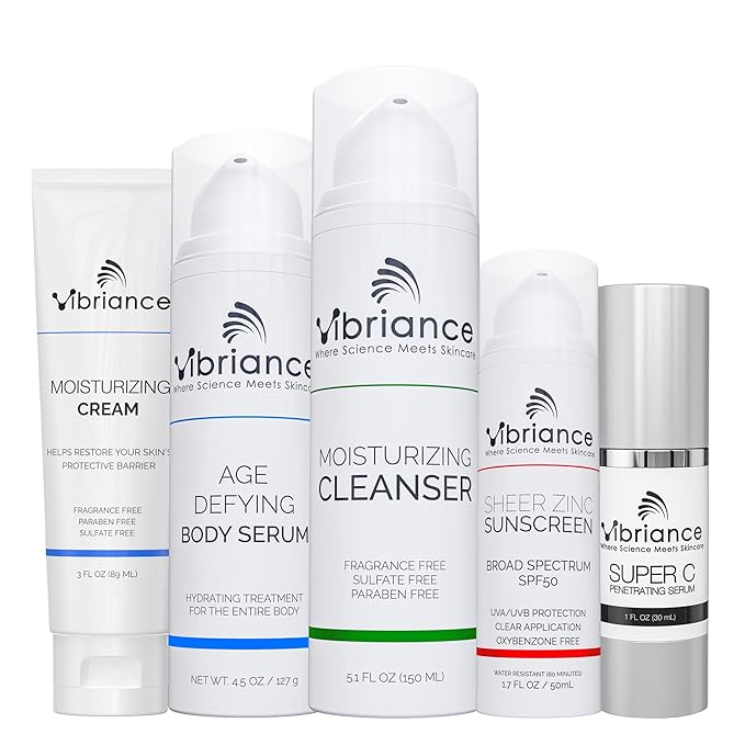 Vibriance Premium Skincare Bundle | Super C All-in-One Serum, Face Cleanser, Moisturizing Cream, Sheer Zinc Sunscreen SPF 50, Age Defying Body Creme - Heal, Hydrate, Protect, Rejuvenate