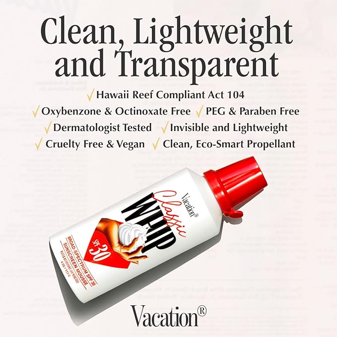 Vacation Classic Whip SPF 30 Sunscreen + Air Freshener Bundle, Whipped Sunscreen Mousse SPF 30, Moisturizer with SPF, Broad Spectrum, Water-Resistant Whipped Sunscreen, 4 Oz.
