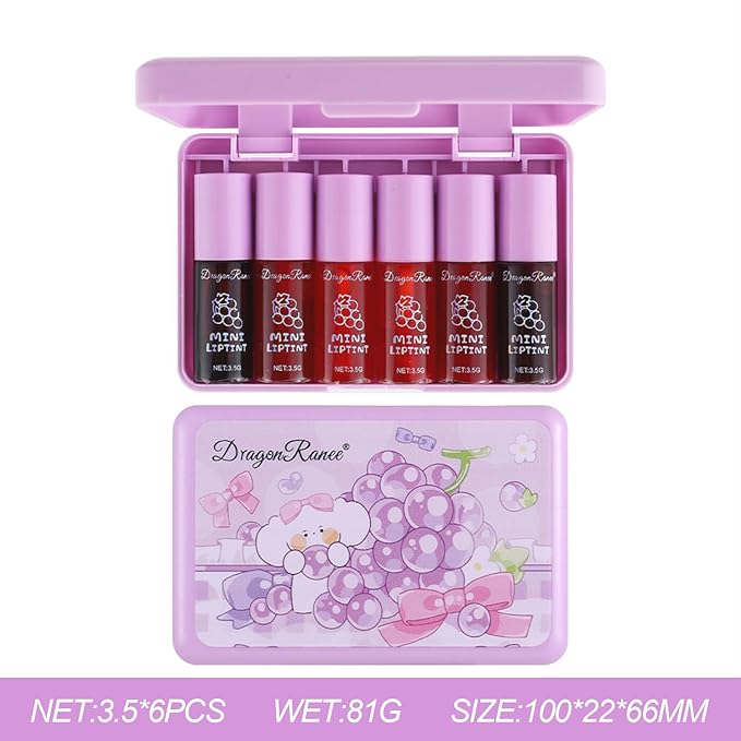 6 Colors Grapes Lip Tint Stain Set, Korean Velvet Lip Stain Watery Lip Stain Moisturizing Mini Liquid Lipstick Set, Long Wearing, Non-Stick Cup, Waterproof, High Pigment, Lip Tint Makeup