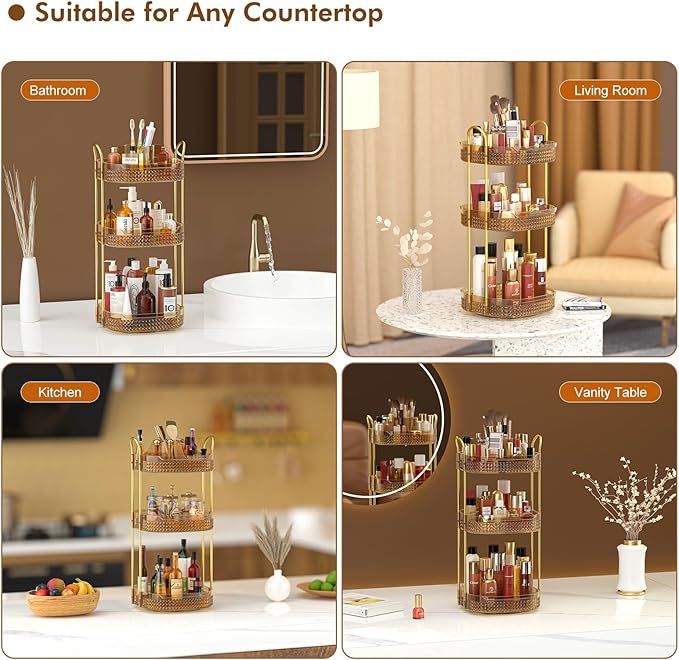 Awenia Rotating Makeup Organizer 360, Stackable Adjustable Large Capacity Cosmetic Storage Unit,Dresser Bathroom Kitchen Countertop Organizer with Metal Handle, Plus Size (Honorable Gold, 3 Tier)