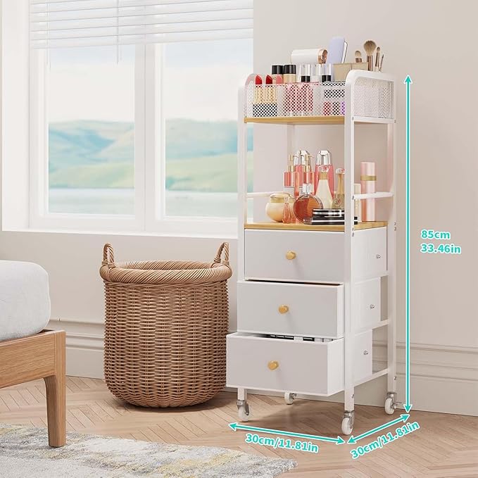 HapiRm Rolling Makeup Cart Organizer - Floor Skincare Make Up Storage with 3 Drawers, Vanity Organizer Cosmetic Display Cases Holder for Skin Care Perfume Nail Polish Brush Hair Tool