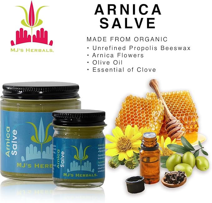 MJ’s Herbals Arnica Salve | Organic, Maximum Strength, Immediate Relief for Sore Muscles & Feet | Bruise Recovery, Fantastic Massage & After Yoga Balm | No Parabens, No Synthetics (1 oz)
