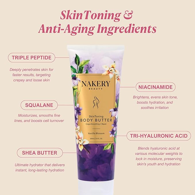 Nakery Skin Toning Body Butter for Women - Firming Body Lotion for Women - Peptide Infused Body Lotion for Crepey & Sagging Skin - Skin Firming Lotion for Neck, Arms & Legs - Vanilla Blossoms
